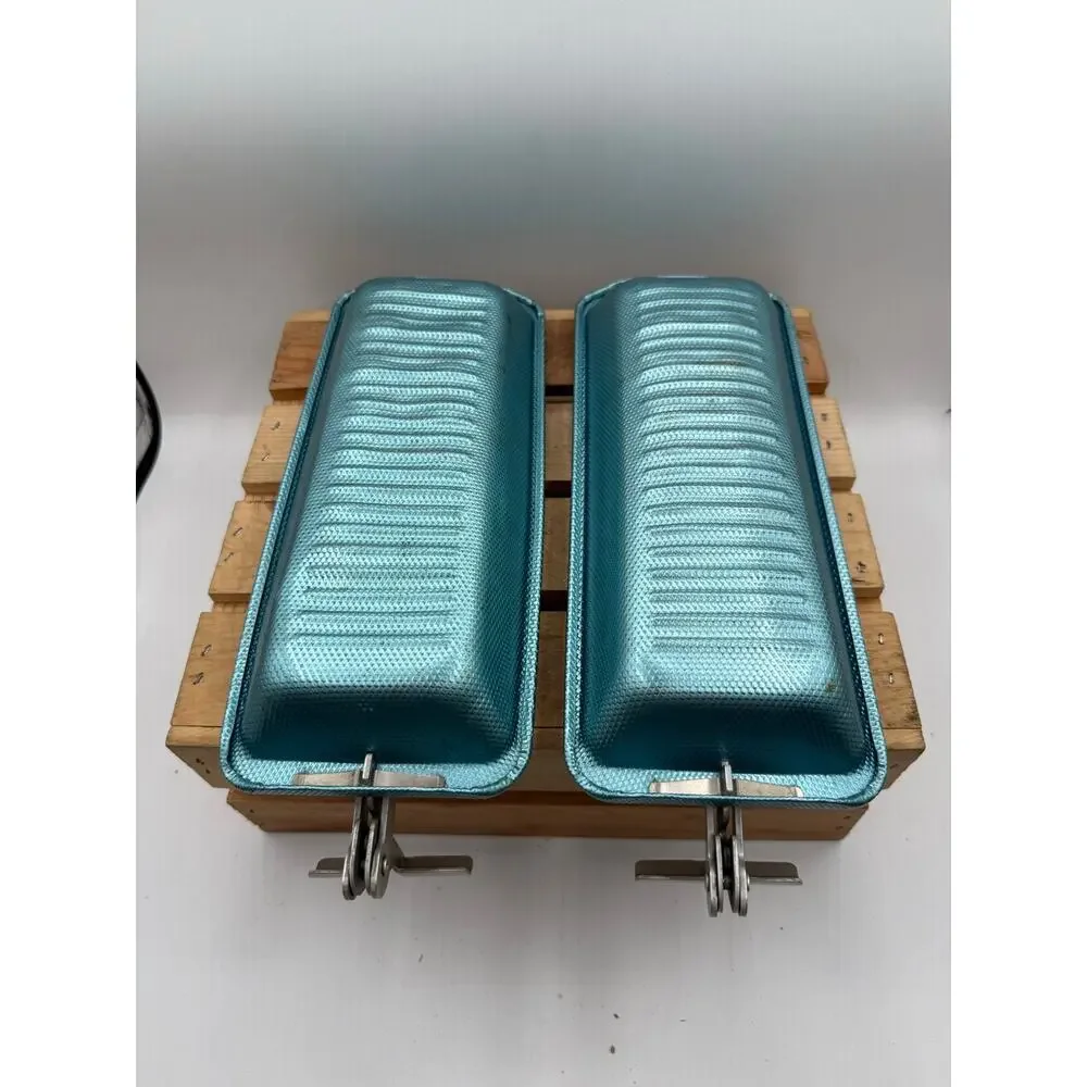 Vintage Metallic Blue Aluminum Ice Cube Trays with Levers - Pair of 2